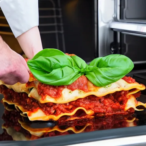 Image similar to platypus wearing a chef hat while putting a lasagna in an oven, with three basil leaves over the lasagna