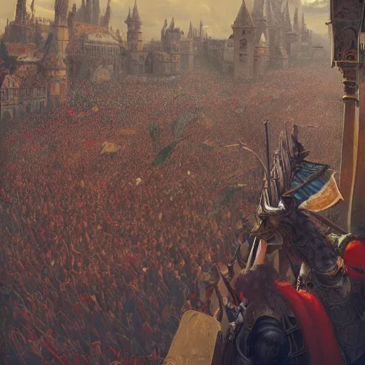 Prompt: A crowd of people listening to their new king make a speech from a balcony, fantasy, medieval, highly detailed, Artstation, painting by greg rutkowski