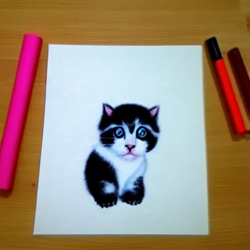 Image similar to child crayon drawning of a cute kitten with panda body and cat face