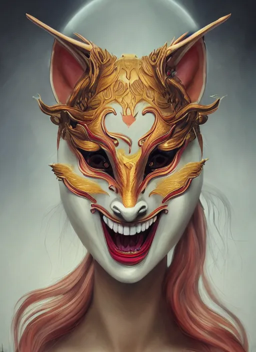 Prompt: a beautiful detailed oil on copper art illustration of a japanese kitsune hannya mask devil woman, centered, by charlie bowater, zeng fanzh, trending on artstation, dim dusk lighting, cinematic lighting, detailed lighting, volumetric lighting, realistic, f 8, 4 k hd wallpaper