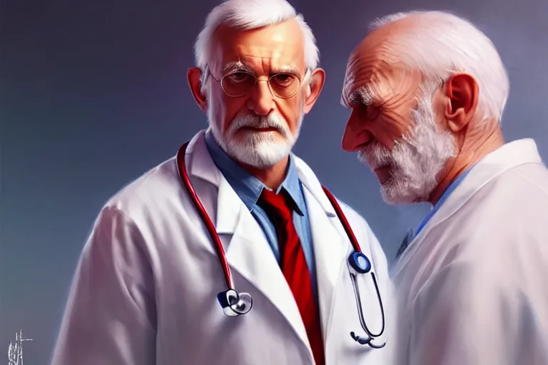 Prompt: a cute doctor in white coat and an old man with red t - shirt, cinematic, highly detailed, digital painting, artstation, concept art, matte, sharp focus, illustration, art by artgerm and greg rutkowski
