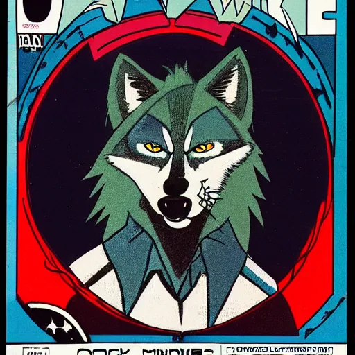 Image similar to 1 9 8 0 s comic book cover scan featuring a portrait of villain male wolf o'donnell anthropomorphic wolf furry fursona from starfox wearing a dark space mercenary uniform, dark grey wolf, handsome eyes, wolf o'donnell