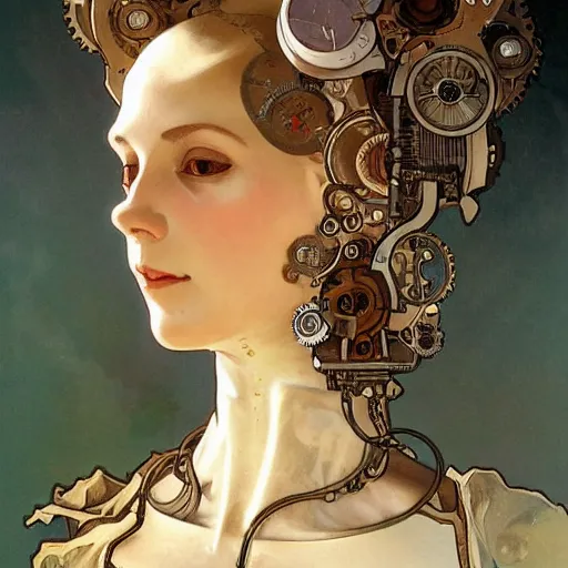 Prompt: A close-up portrait of a beautiful female robot wearing a cracked porcelain face by Alphonse Mucha, exposed inner gears, big soulful eyes, steampunk, gears, steam, art nouveau card, concept art, wlop, trending on artstation