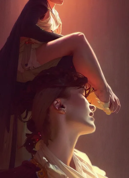 Prompt: death of a young woman in a theatre performance, digital painting, artstation, concept art, smooth, sharp focus, illustration, art by artgerm and greg rutkowski and alphonse mucha