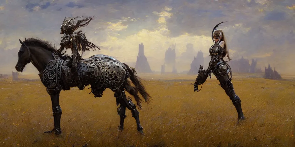 Prompt: full body girl medieval armor ccyborg and one metal horse landscape of meadow poses by gaston bussiere, anna nikonova aka newmilky, greg rutkowski, yoji shinkawa, yoshitaka amano, moebius, donato giancola, geoffroy thoorens, trending on artstation, featured on pixiv, cinematic composition, 8 k