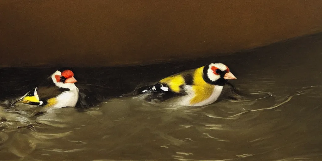 Prompt: painting of a goldfinch drowning in a river of nightmares. by theodore gericault, realistic oil painting, 4 k, studio lightning, award winning, very detailed shadows