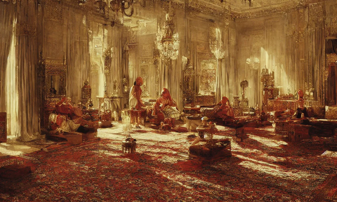 Prompt: grand dream of ottoman opulence and the splendor of architectural orientalism, art by rudolf ernst, orientalism, hypereralism, ultra hd, 8 k resolution