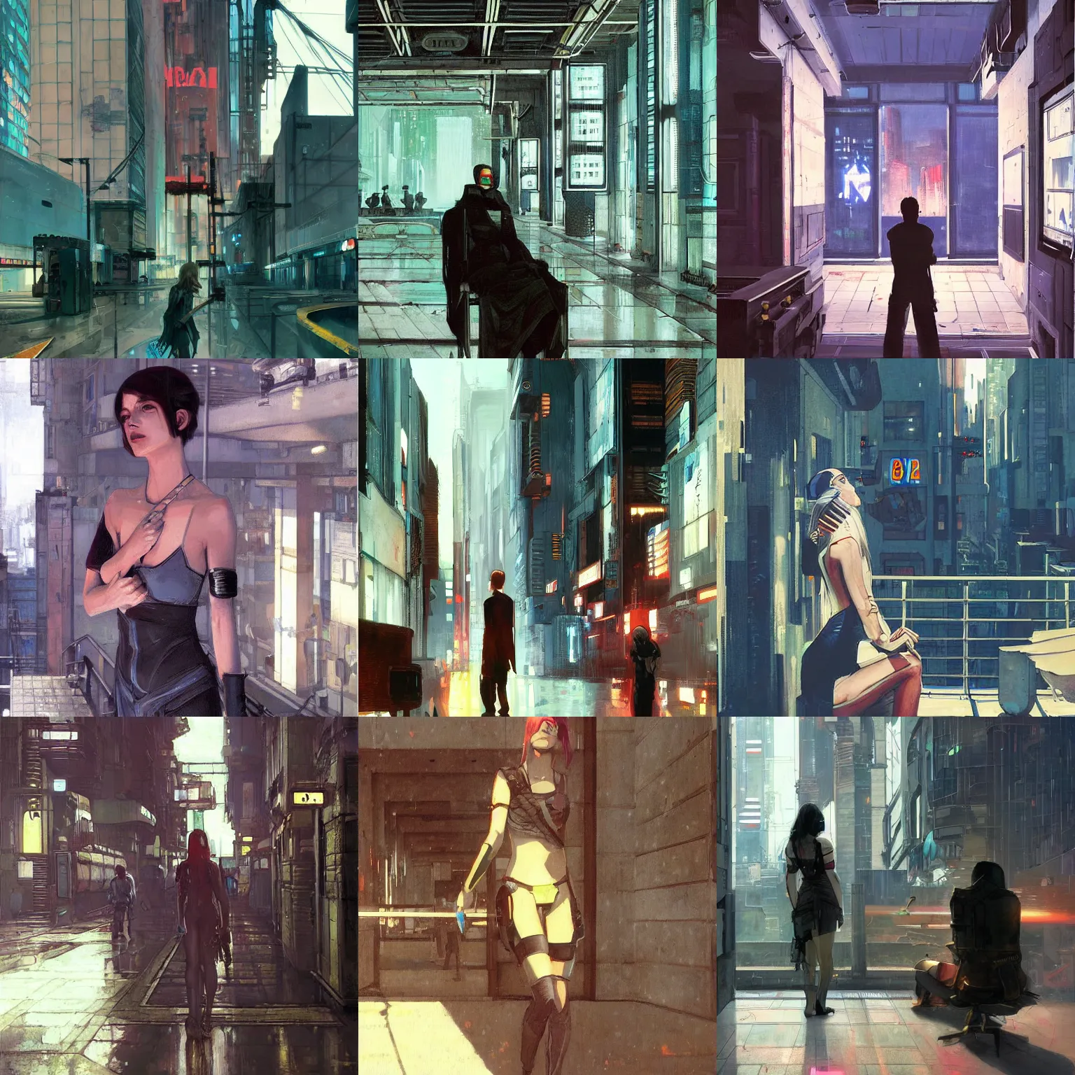 Image similar to A cyberpunk scene painted by John William Waterhouse and Ilya Kuvshinov and Edward Hopper. HD