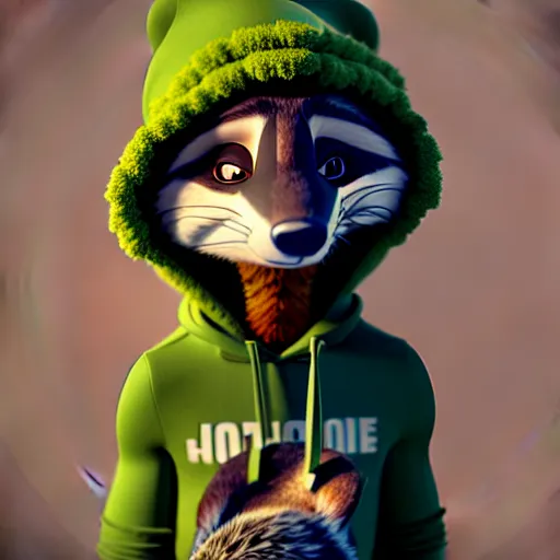 Image similar to a relaxed stoner with a black hoodie on with a marijuana themed dark green raccoon head from zootopia, wearing beanie, smoking, 3 d, blender 3 d, render, extremely detailed, 8 k, detailed fur