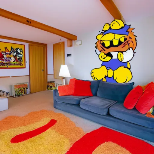 Prompt: photo of interior of a silly garfield themed house