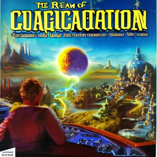 Prompt: The realm of imagination, computer game cover art 1990s