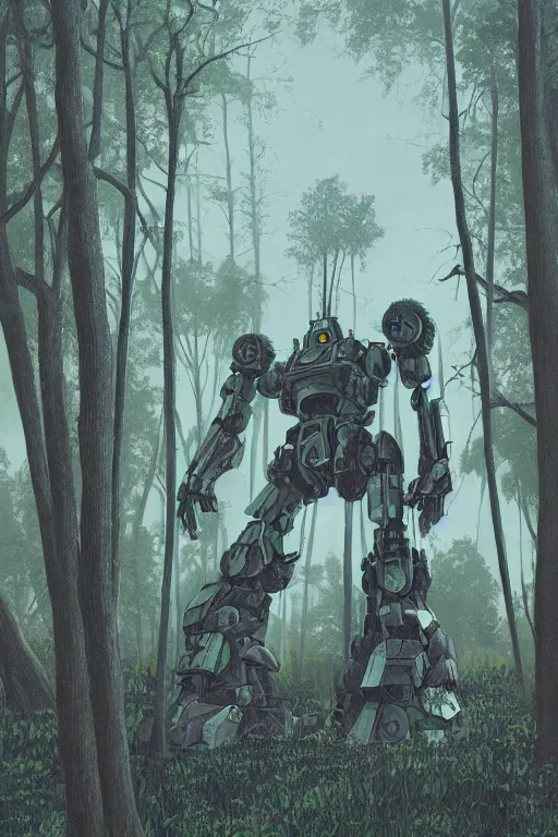 Image similar to giant mecha robot with laser, swamps landscape and pillars by helen lundeberg