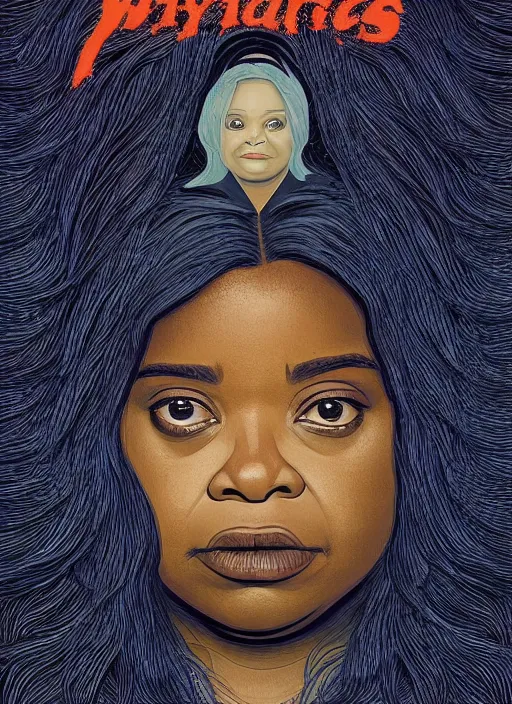 Prompt: poster artwork by Michael Whelan and James Jean, of Octavia Spencer has a voice in her head, reality is a labyrinth, psychological thriller from scene from Twin Peaks, clean, simple illustration, nostalgic, domestic, full of details