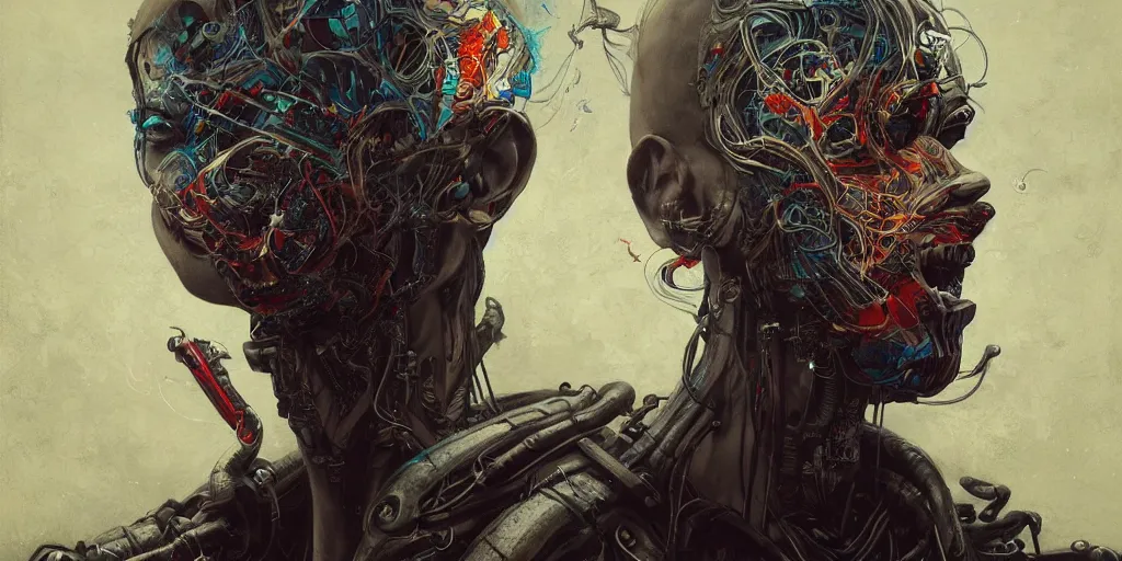 Image similar to portrait of a man in a secret society,8k,by tristan eaton,Stanley Artgermm,Tom Bagshaw,Greg Rutkowski,Carne Griffiths, Ayami Kojima, Beksinski, Giger,trending on DeviantArt,face enhance,hyper detailed,minimalist,cybernetic, android, blade runner,full of colour, super detailed