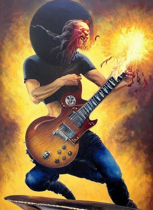 Prompt: vitalik buterin shredding on a gibson les paul, painting by frank frazetta, heavy metal artwork, bad motherfucker vitalik playing a face - melting solo while a volcano erupts, computer science, high intensity ethereum marketing, 3 d 8 k