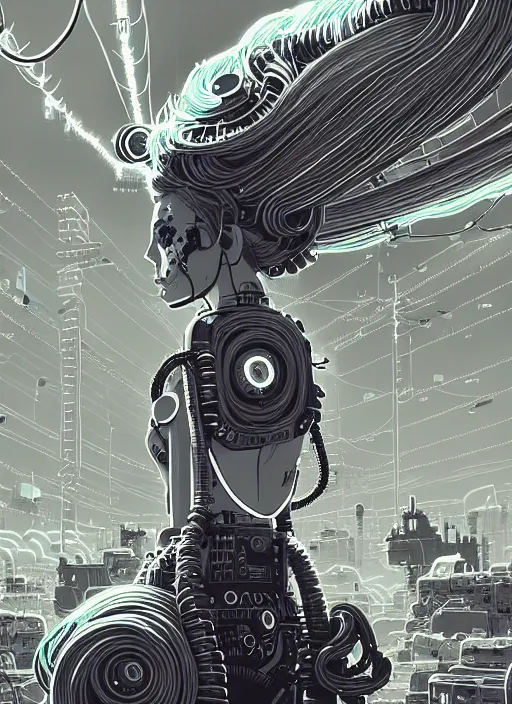 Image similar to highly detailed portrait of wasteland punk long curly neon white plasma electricity hair tribal lady, stray electric spark wiring by atey ghailan, james gilleard, by joe fenton, by greg rutkowski, by greg tocchini, by kaethe butcher, 4 k resolution, gradient yellow, black and white color scheme!!! ( ( lightning cloudy robotic dystopian city background ) )