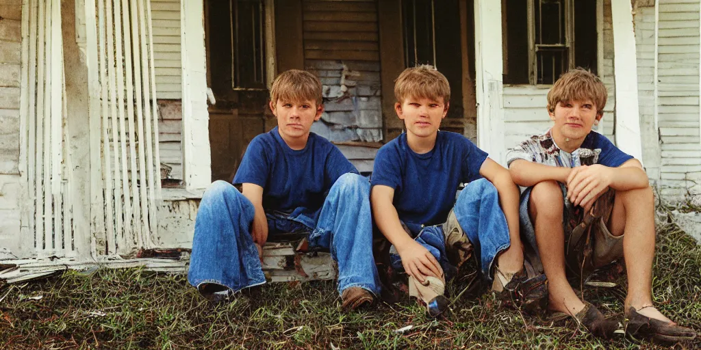 Image similar to close up portrait of two white redneck brothers sitting on front porch of dilapidated house, kodak gold 2 0 0,