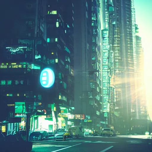 analog photographt of a cyberpunk city, lens flare, Stable Diffusion