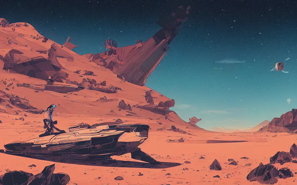 Image similar to very detailed, prophet graphic novel, ilya kuvshinov, mcbess, rutkowski, simon roy, illustration of a giant crashed space ship on a desert planet, wide shot, colorful, cinematic composition, astrophotography