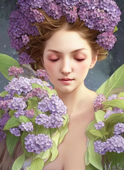 Prompt: a photographic portrait of a anthropomorphic hydrangea blossom, very very pretty face!!!!, fantasy, wind blowing hair, intricate, elegant, highly detailed, digital painting, artstation, concept art, smooth, sharp focus, illustration, art by artgerm and h r giger and alphonse mucha