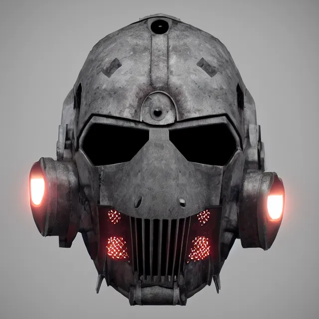 Image similar to slipknot mecha mask, dark cinematic, volumetric, realistic, 3 d render, cinematic lighting, ray tracing, cinematic, unreal engine 5, unreal engine render, octane render, hyper realistic, photo, 8 k