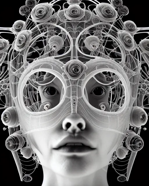 Image similar to mythical dreamy black and white organic bio - mechanical spinal ribbed profile face portrait detail of translucent steampunk beautiful female angelic - human - queen - vegetal - cyborg, highly detailed, intricate crystal ivy jelly ornate, poetic, translucent roses ornate, 3 d render, digital art, octane render, 8 k artistic photography, photo - realistic, by dora maar