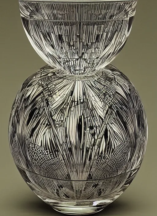 Prompt: Vase of flowers in the shape of impossible geometry by Escher, designed by Rene Lalique