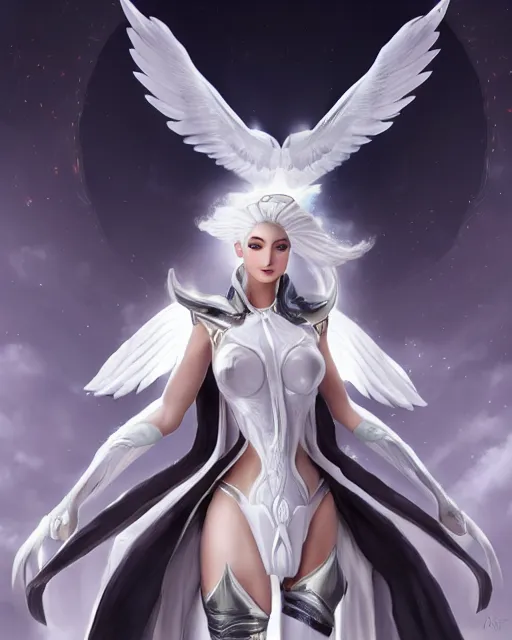 Image similar to perfect white haired attractive egyptian goddess with huge white dove wings, warframe armor, beautiful, symmetric, dreamy, half asian, pretty face, blue eyes, detailed, scifi platform, laboratory, experiment, 4 k, ultra realistic, epic lighting, android body, illuminated, cinematic, masterpiece, art by akihito tsukushi, voidstar