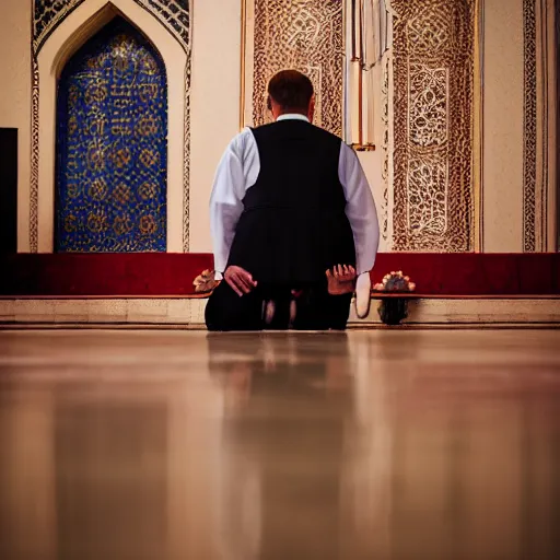 Image similar to Trump praying in mosque, award winning cinematic photography, 50 mm, blurred background, perfect faces