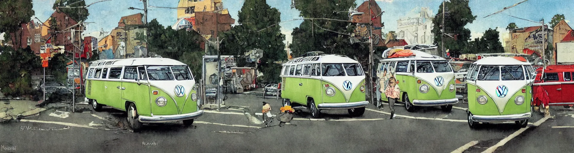 Prompt: vw bus on a street, illustration by norman rockwell