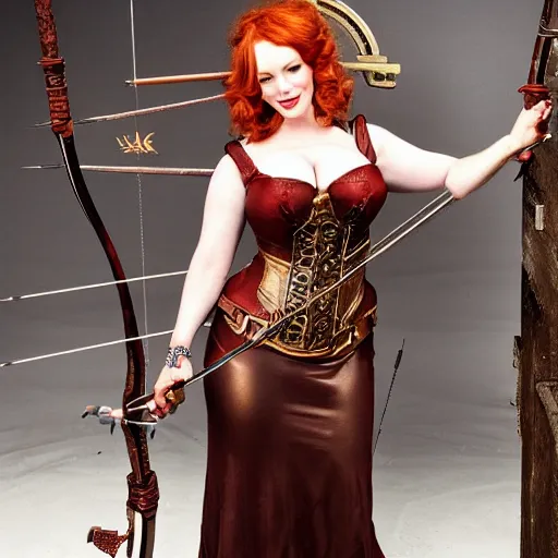 Image similar to full body photo of christina hendricks as a steampunk archer