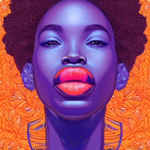 Image similar to the head of a beautiful black woman partially made of carrots and blueberries looking up, an ultrafine detailed illustration by james jean, final fantasy, intricate linework, bright colors, behance contest winner, vanitas, angular, altermodern, unreal engine 5 highly rendered, global illumination, radiant light, detailed and intricate environment