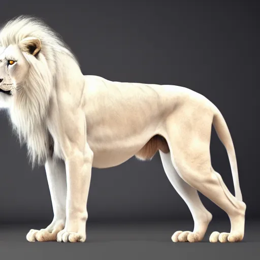 Prompt: a full body photograph of a white lion,photorealiatic,hyperdetailed,hyperrealistic,studio lighting,studio photography,professional photography,professional lighting,detailed face,3 point lighting,4k,dramatic