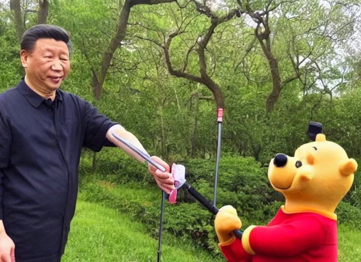 Prompt: xi jingping holding a gopro on a stick filming winnie the pooh