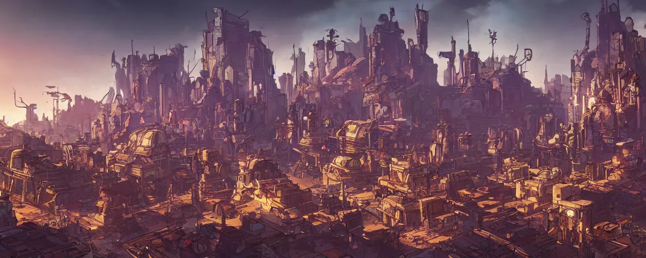 Prompt: a city from borderlands 3, stunning intricate concept art by senior environment artist, cgsociety, fantasy art, matte painting, storybook illustration