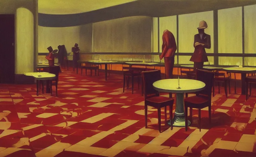 Prompt: An empty sad restaurant with glossy checker ceramic floor, Edward Hopper and James Gilleard, Zdzislaw Beksinski, Mark Ryden, Wolfgang Lettl highly detailed, hints of Yayoi Kasuma