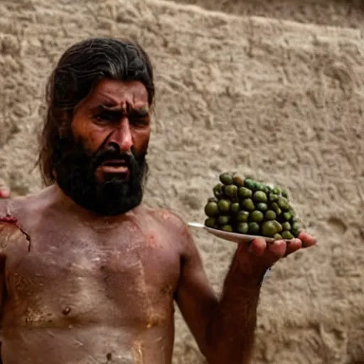 Image similar to cinematic still of angered middle eastern skinned man in ancient Canaanite clothing looking up while holding a plate of rotting fruit, mad, frustrated, jealous, Biblical epic by Christopher Nolan