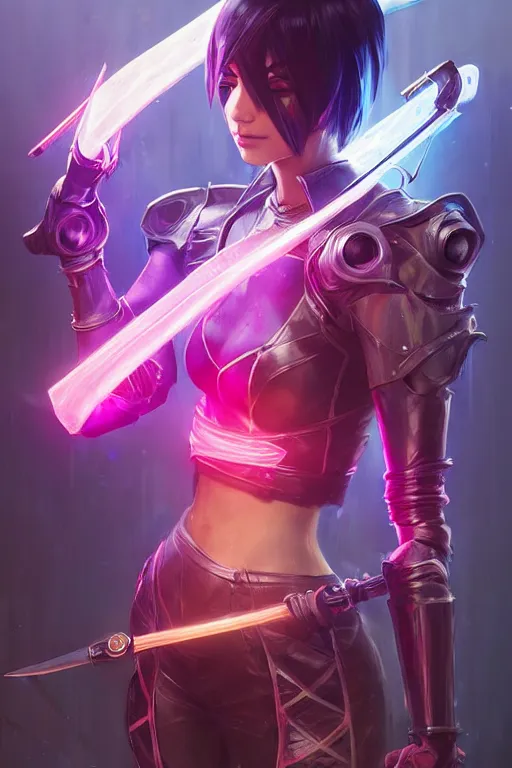 Image similar to fiora from league of legends, cyberpunk futuristic neon. fencing, long sword in her hand, decorated with traditional japanese ornaments by ismail inceoglu dragan bibin hans thoma greg rutkowski alexandros pyromallis nekro rene maritte illustrated, perfect face, fine details, realistic shaded, fine - face, pretty face, masterpiece