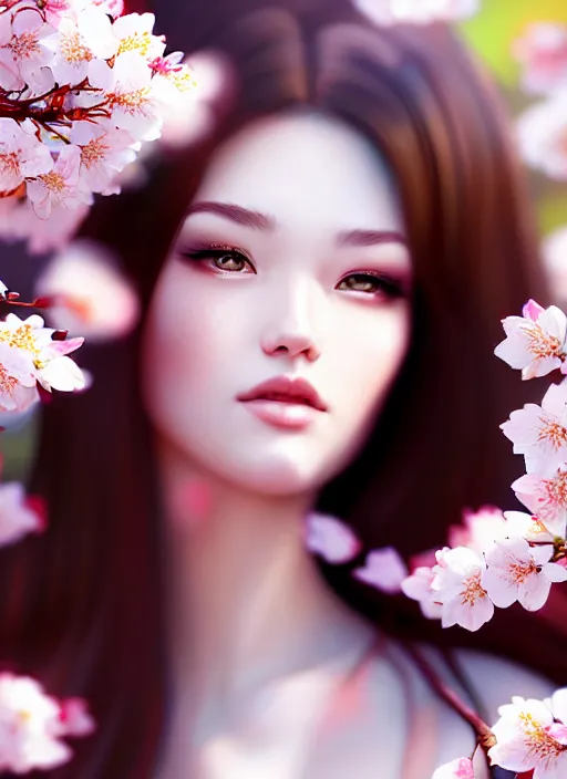 Image similar to photo of a gorgeous female in the style of stefan kostic, realistic, half body shot, sharp focus, 8 k high definition, insanely detailed, intricate, elegant, art by stanley lau and artgerm, extreme blur cherry blossoms background