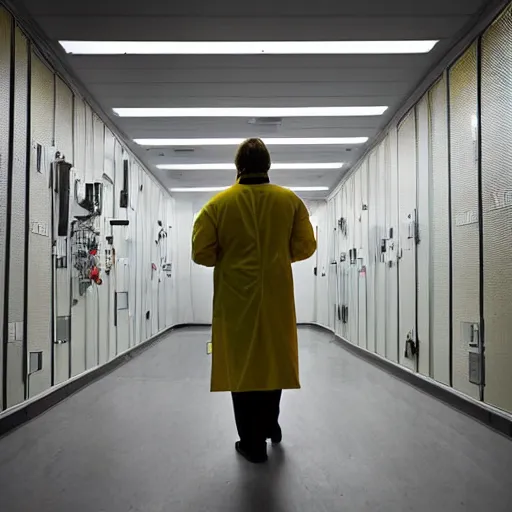 Image similar to a male scientist wearing a lab coat standing lost in the backrooms, mono - yellow old moist carpet infinite liminal space, very dark shadows, fluorescent lighting, horror movie scene, film grain