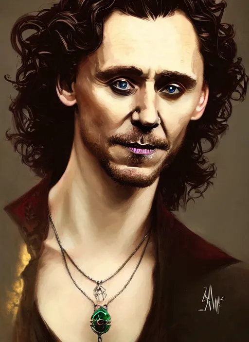 Image similar to portrait of tom hiddleston as a vampire lord, jewelry, greek, emerald, intricate, headshot, highly detailed, digital painting, artstation, concept art, sharp focus, cinematic lighting, illustration, art by artgerm and greg rutkowski, alphonse mucha, cgsociety