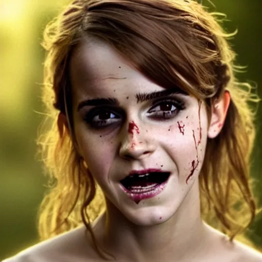 Prompt: epic photoshoot of emma watson as a zombie. super detailed, hyper realistic, detailed eyes, detailed smile, pretty, incredible