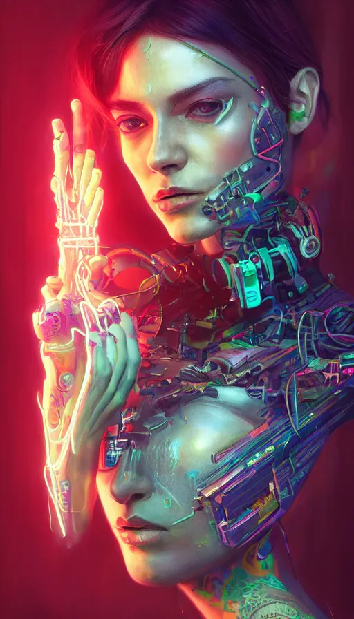 Prompt: a stunning highly detailed digital portrait of a cyberpunk woman in strong lighting, tattoos and electronics, neon reflections, pastel colors, by mandy jurgens, highly detailed, oil on canvas