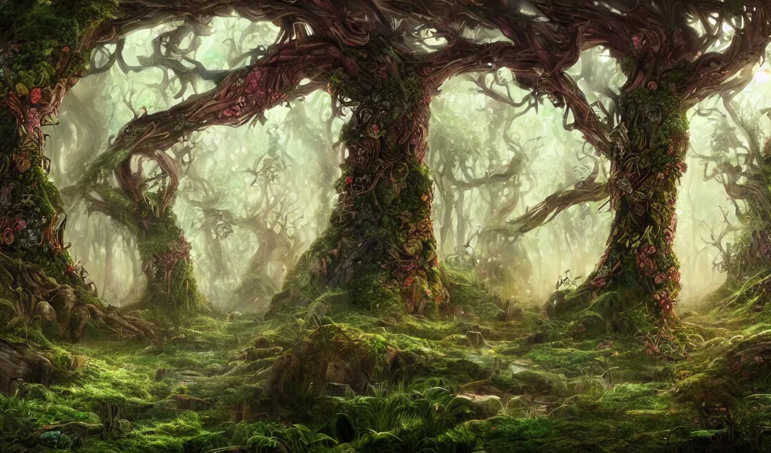 Prompt: A Giant magical fantasy forest, wallpaper, digital art, ultra detailed, disney