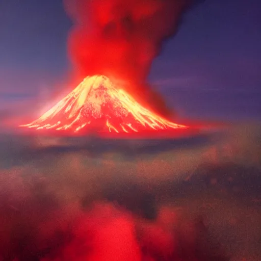 Image similar to matte painting of an erupting volcano surrounded by a sea of red glowing in the night, wise angle