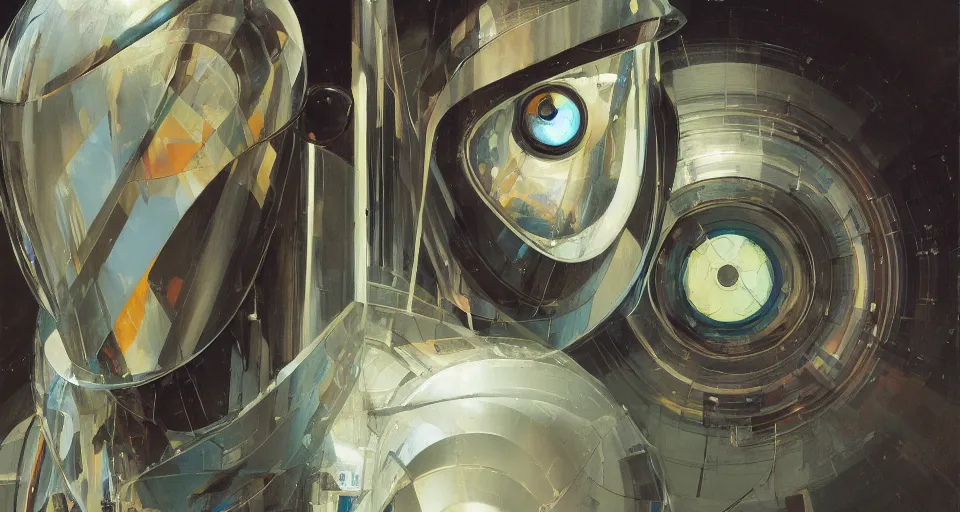 Image similar to a portrait headshot of sci fi metallic human, bright eyes, melancholic complex geometric figure liminal machinery by oskar schlemmer, moebius, john berkey, oil on canvas, portrait facial head, featured on artstation, hd wallpaper