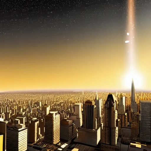 Image similar to a meteor falling from the sky over a cityscape. hyperrealistic, highly detailed, variable lighting