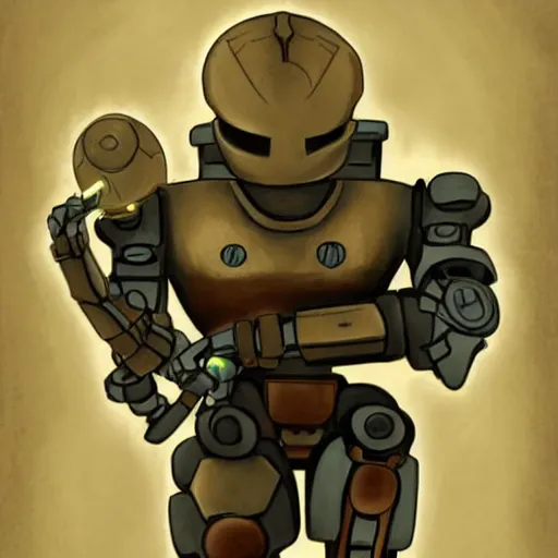 Image similar to A warforged from Dungeons & Dragons looking like the BIONICLE Keetongu with one eye and mystical tattoos on his arms, art by Christian Faber