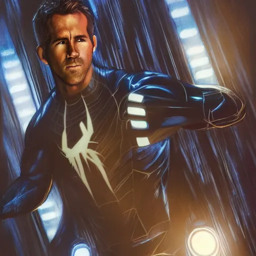 Image similar to ryan reynolds as a black and blue suit spider - man, cinematic, volumetric lighting, f 8 aperture, cinematic eastman 5 3 8 4 film, photorealistic by greg rutkowski, by stanley artgerm, by alphonse mucha