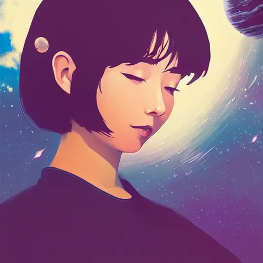 Image similar to a woman floating in space by kuvshinov katsuhiro, digital art, smooth lines